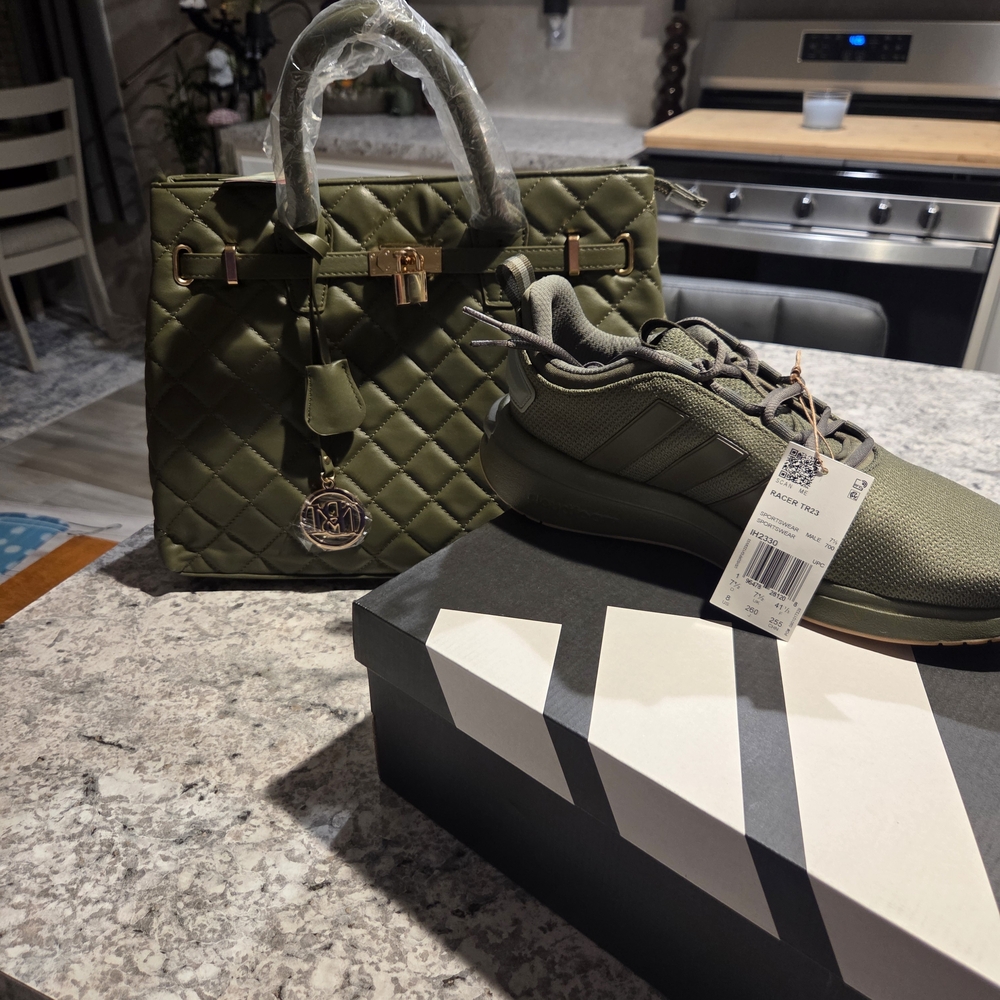 New Bundle Adidas Olive Green Women's Athletic Shoes And Badgley Mischka Bag.